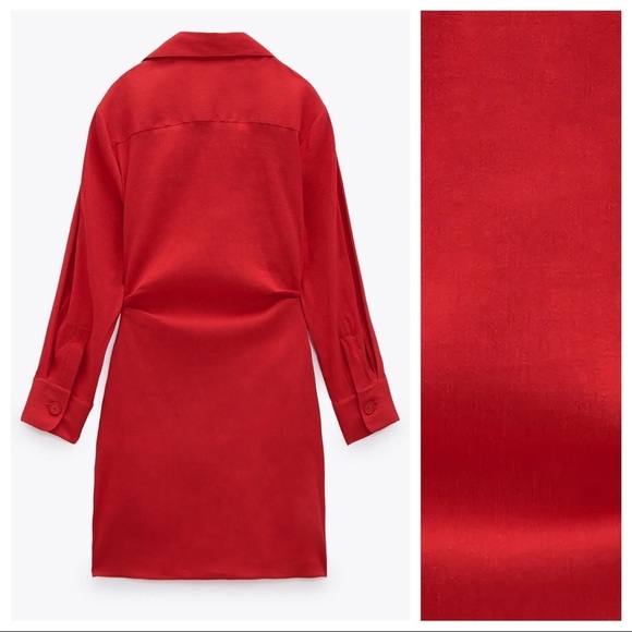 🌹NWT. Zara Red Draped Linen Blend Mini V-neckline Dress. Size S. - Picture 4 of 10